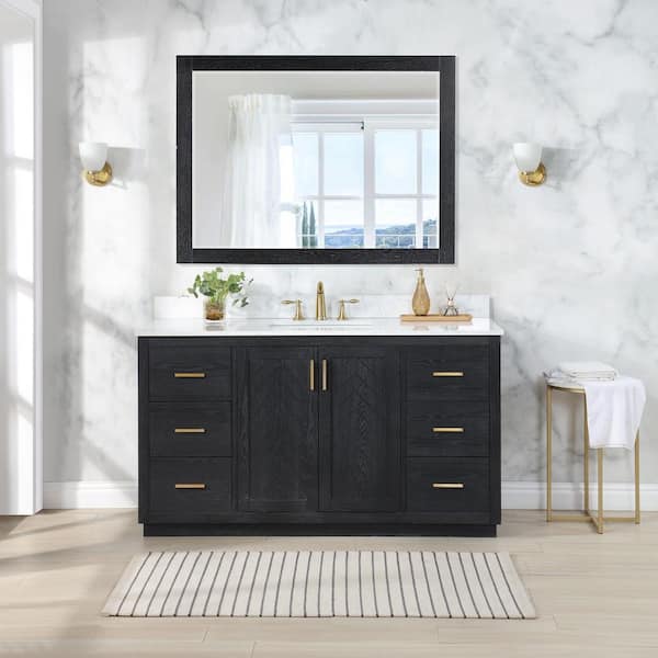 Altair Gazsi 60S in.W x 22 in.D x 34 in.H Bath Vanity in Black Oak with Grain White Composite Stone Top and Mirror