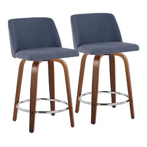 Toriano 24.25 in. Blue Fabric, Walnut Wood and Chrome Metal Fixed-Height Counter Stool (Set of 2)