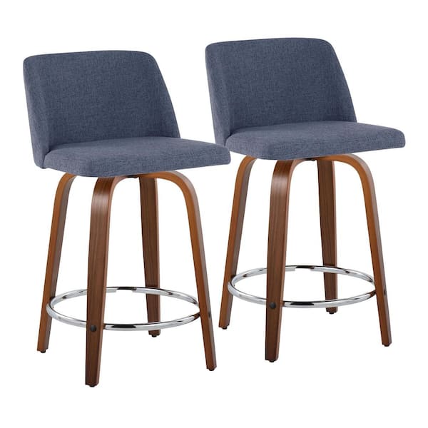 Lumisource Toriano 24.25 in. Blue Fabric, Walnut Wood and Chrome Metal Fixed-Height Counter Stool (Set of 2)