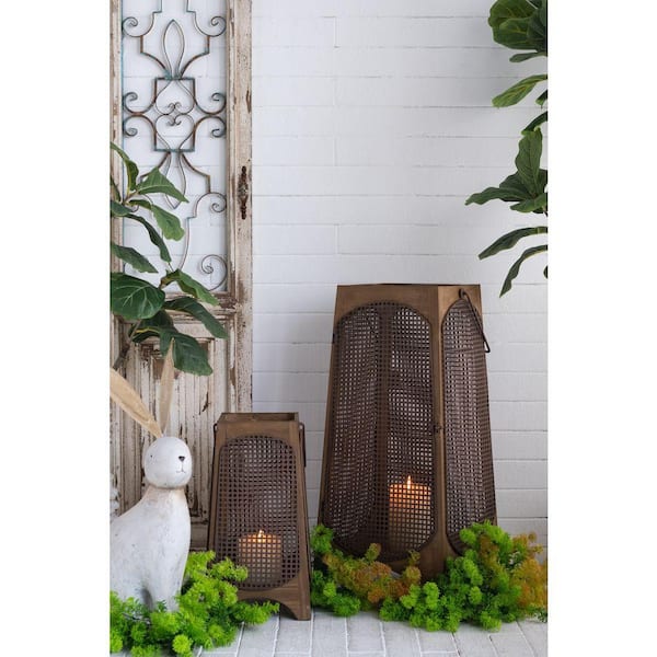 Vintage Charm Series Weathered Brown Wood & Metal Mesh Lanterns 2-Pack