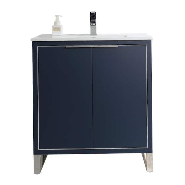 FINE FIXTURES Opulence 30 in. W x 18 in. D x 33.5 in. H Bath Vanity in Navy Blue with White Ceramic Top