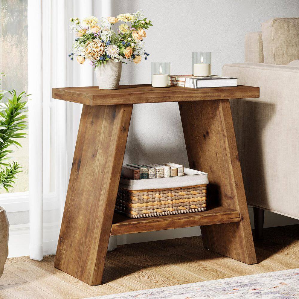 Kerlin 24 in. Brown Rectangle Solid Wood End Table with 2-Tier Storage, Narrow Side Table Nightstand for Small Places - thumbnail 2