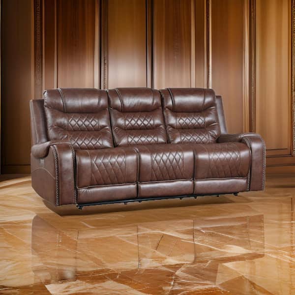 Benjara Paul Collection 86.5 in. Rolled Arm Faux Leather Rectangle with Drop Table and Cupholders Sofa in Brown