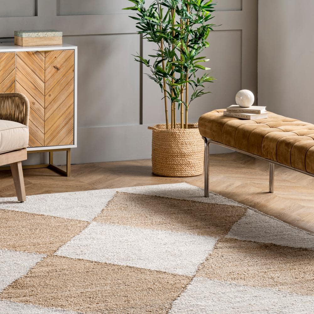 Ivory and Beige Cotton Jute Runner Rug, 2' x 8'
