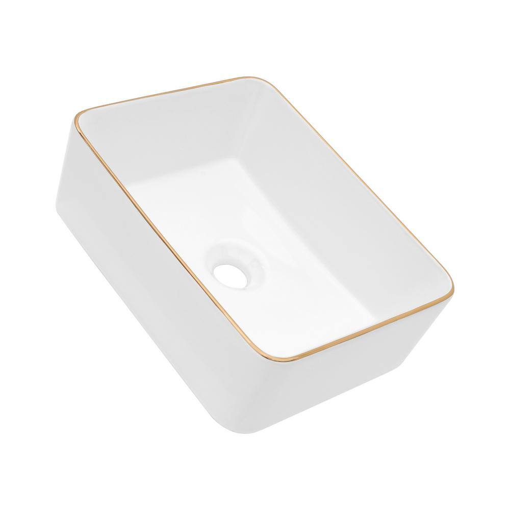 19x15 Inch White Ceramic Rectangular Vessel Bathroom Sink with Gold Trim