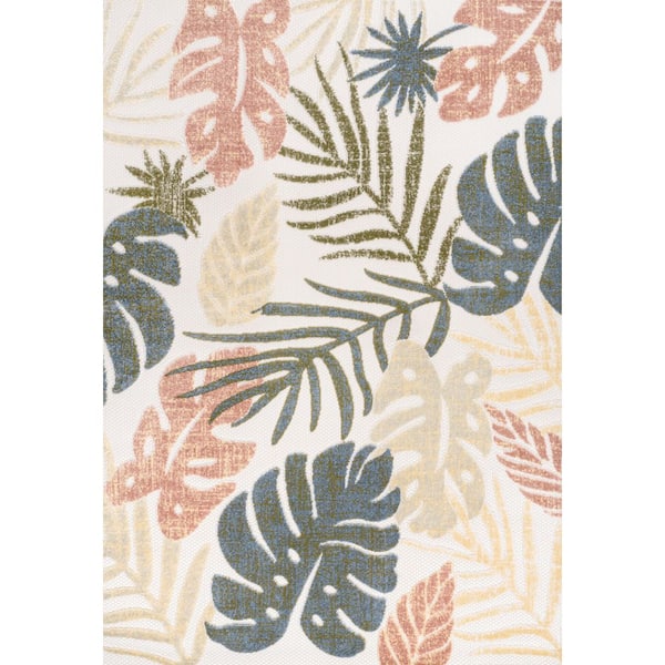 Monstera Tropical Leaf High-Low Cream/Multi 8 ft. x 10 ft. Indoor/Outdoor Area Rug