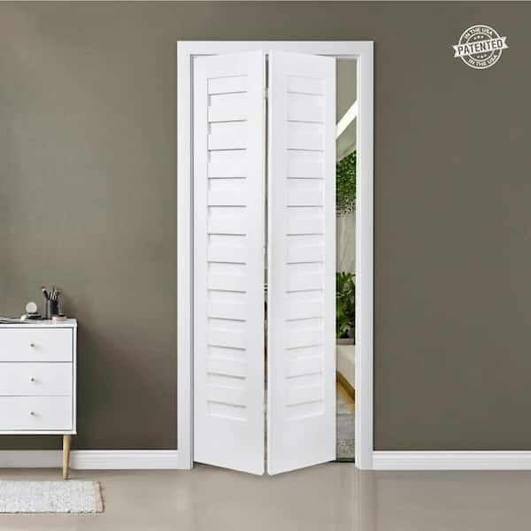 36 in. x 80 in. Shadow Louver Solid Core White Primed Smooth Wood Bi-fold Door with Hardware