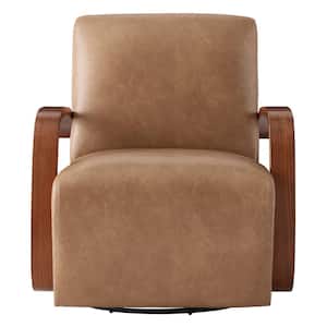 Ella Cognac Brown Leather Swivel Accent Chair with Walnut Solid Wood Arm Modern Armchair for Living Room or Bedroom