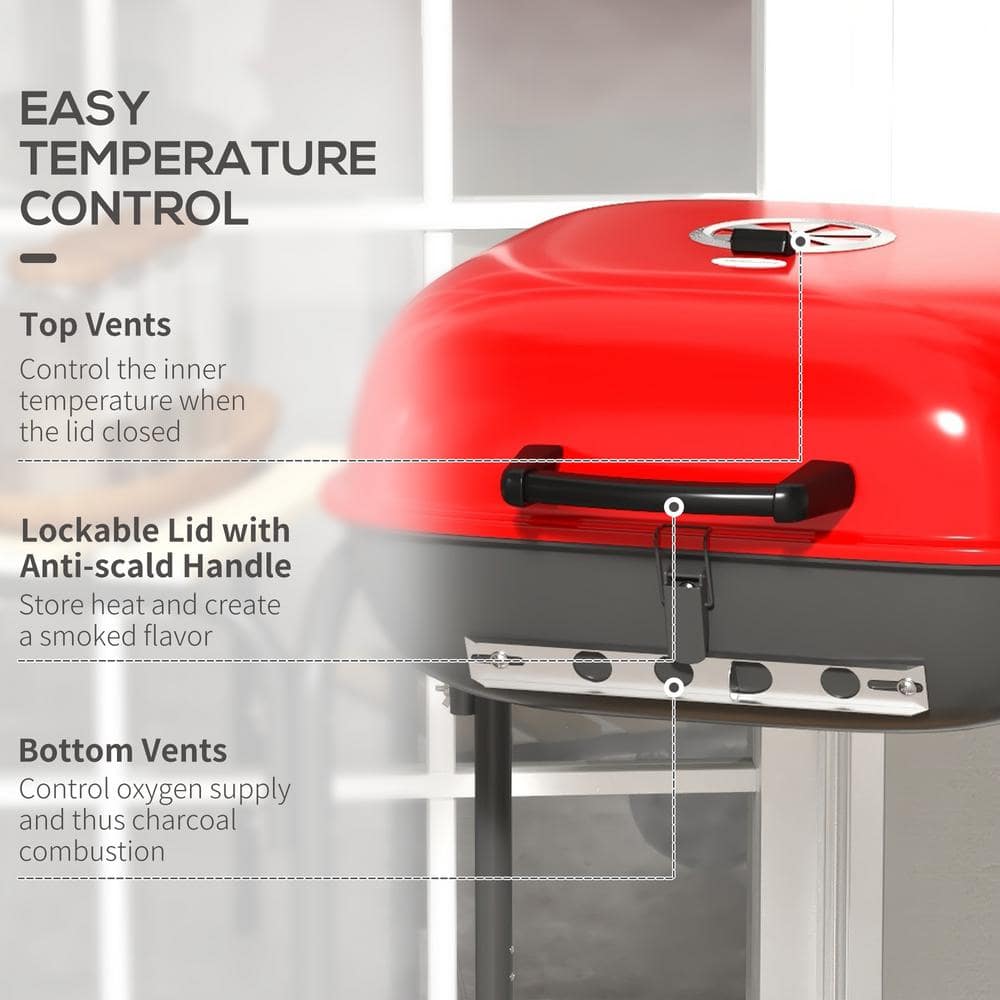 17" Red Portable Charcoal Grill with Folding Shelves
