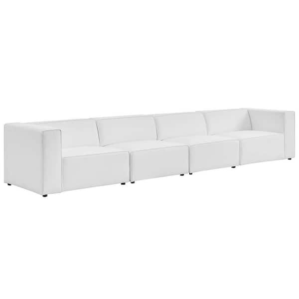 MODWAY Mingle 4-Piece White Faux Leather Straight Symmetrical Sectionals Sofa with Elegant Trim Piping