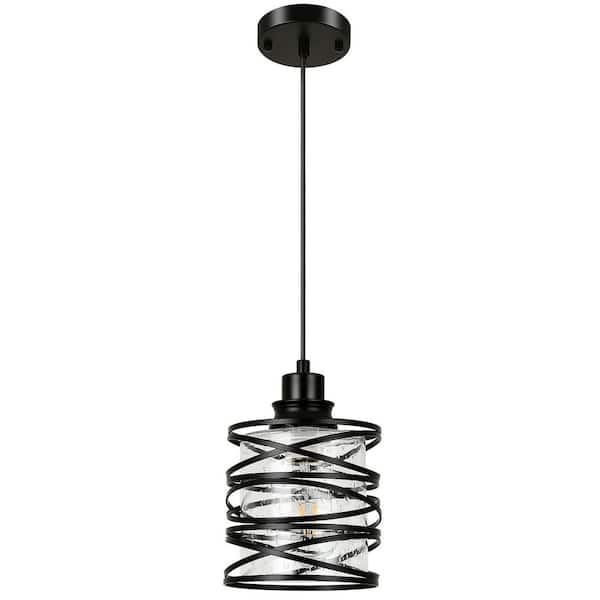 1-Light 60W Black Industrial Pendant Light with Hand-Wrapped Iron Frame and Seeded Glass Shade for Kitchen Island