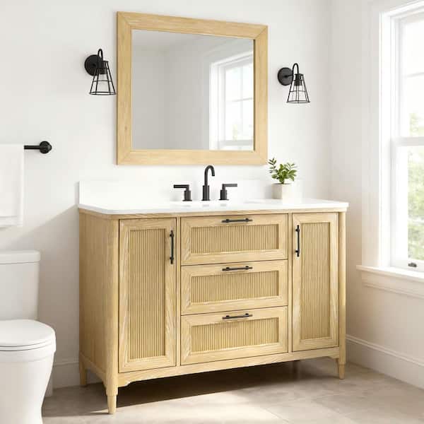 Evie 49 in. Single Sink Freestanding Light Oak Bath Vanity with White Quartz Top and Backsplash Assembled