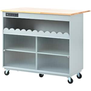 Grey Blue LED Light Kitchen Cart Island on Wheels with Power Outlets, 2 Sliding Fluted Glass Doors, 2 Cabinet and Shelf