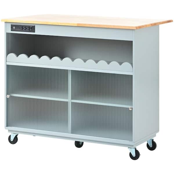 Unbranded Grey Blue LED Light Kitchen Cart Island on Wheels with Power Outlets, 2 Sliding Fluted Glass Doors, 2 Cabinet and Shelf