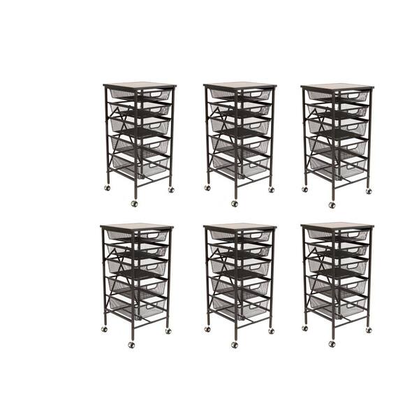Origami Wheeled Foldable 5 Steel Drawer Storage Caddy Cart w Wooden Top (6 Pack)