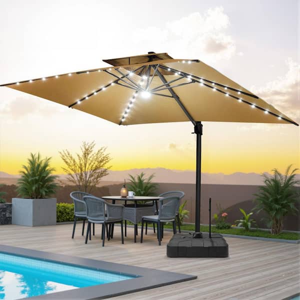 2-Tier Top 13.5 ft. x 10 ft. Solar LED Rectangular 360° Rotation Cantilever Patio Umbrella in Tan with 300 lbs. Base