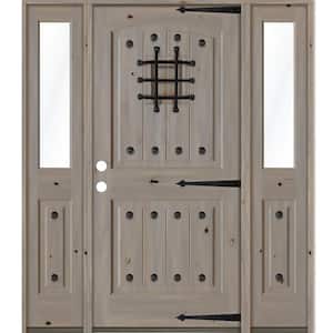 58 in. x 80 in. Mediterranean Knotty Alder Right-Hand/Inswing Clear Glass Grey Stain Wood Prehung Front Door w/DHSL