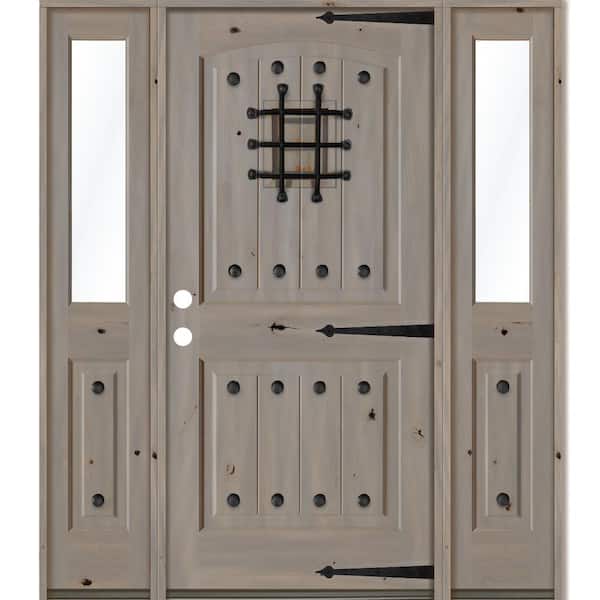 Krosswood Doors 64 in. x 80 in. Mediterranean Knotty Alder Right-Hand/Inswing Clear Glass Grey Stain Wood Prehung Front Door w/DHSL