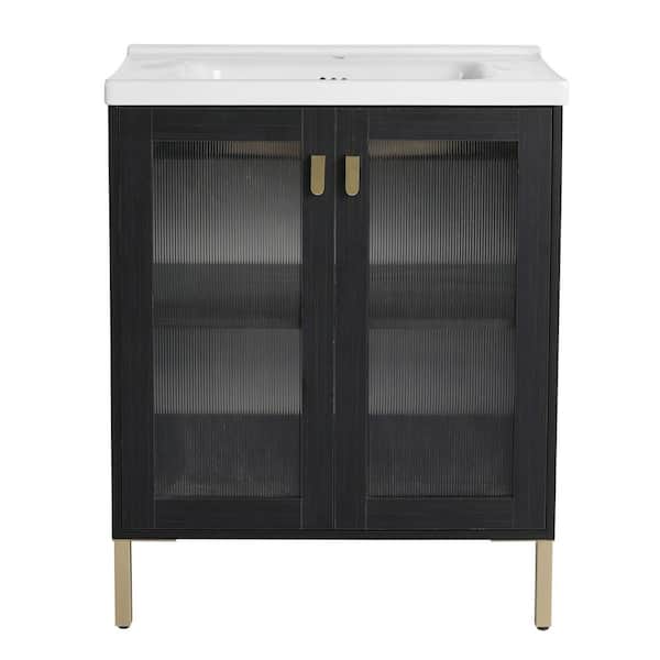 27.8 in. W x 18.5 in. D x 34.8 in. H Single Sink Freestanding Bath Vanity in Black with White Ceramic Top and Cabinet