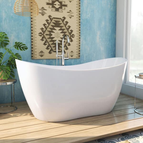 DreamLine Nile 59 in. x 28 in. Acrylic Flatbottom White Bathtub with Chrome Drain