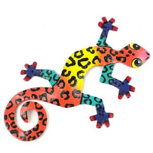 8 in. Painted Gecko Recycled Haitian Metal Wall Art Multi-Colored Red Tiger