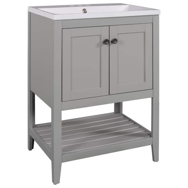 Unbranded 24 in. W x 17.8 in. D x 33.6 in. H Sleek Bath Vanity in Gray with White Ceramic Sink and Open Shelf