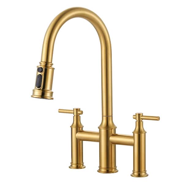 Double Handle Pull Out Sprayer Kitchen 3 Hole Included Supply Lines in Brushed Gold