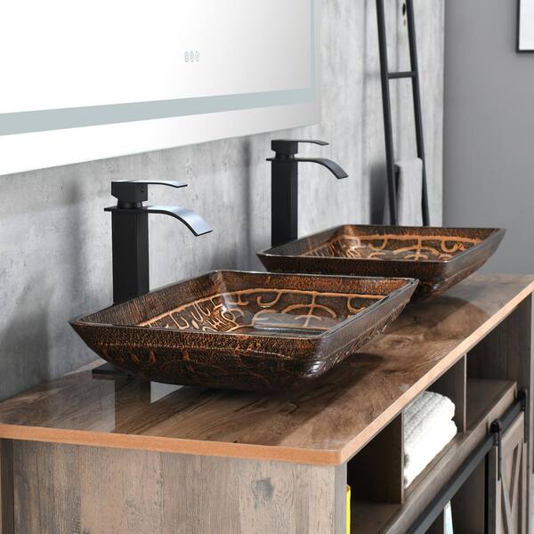 Tunuo Glass Rectangular Vessel Bathroom Sink In Chocolate Set With Black Faucet And Pop Up Drain In Black Sf Pb07 The Home Depot