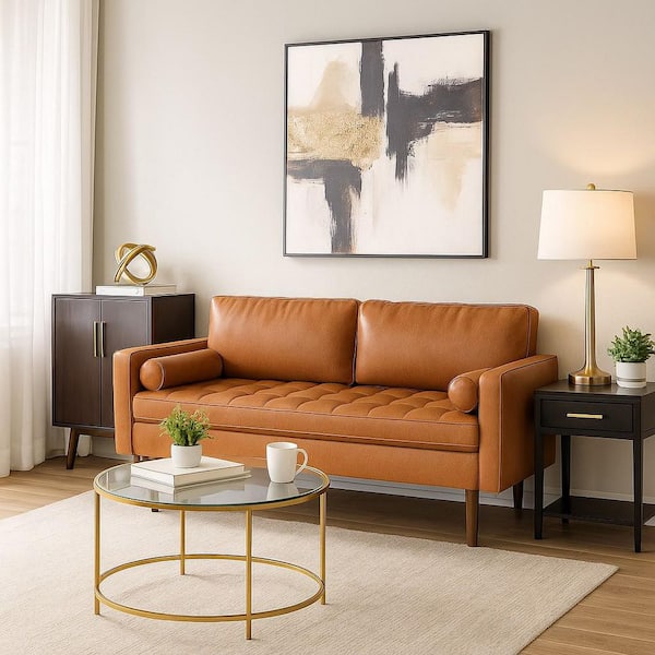 Raleigh Collection 70 in. Wide Square Arm Rectangle Faux Leather Mid-Century Modern Straight Sofa in Light Brown