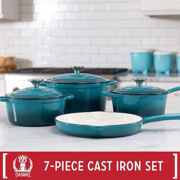 7-Piece Enameled Cast Iron Nonstick Cookware Set in Biscay Blue