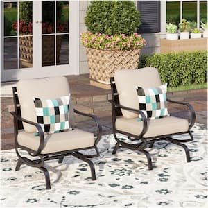 Black Metal Slatted Frame Outdoor Patio Motion Lounge Chairs with Beige Cushions(2-Pack)