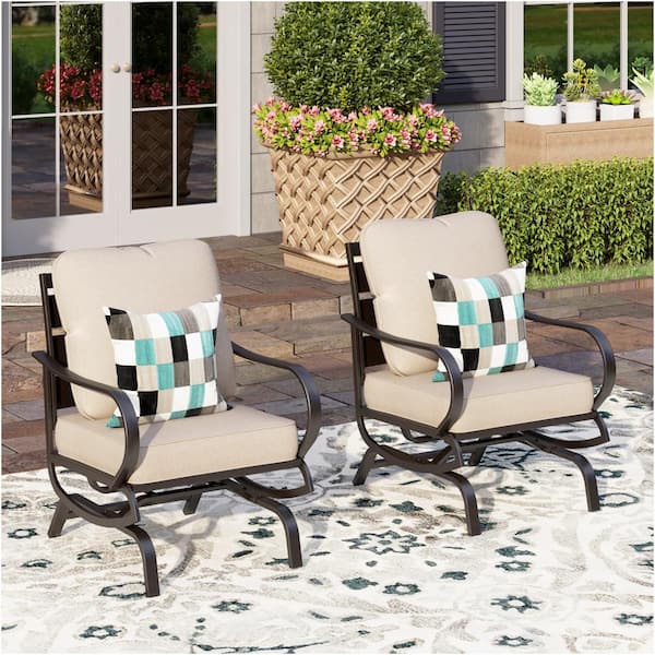 PHI VILLA Black Metal Slatted Frame Outdoor Patio Motion Lounge Chairs with Beige Cushions(2-Pack)