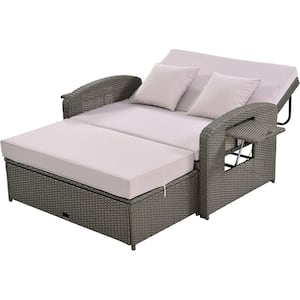 2-Piece Wicker Outdoor Chaise Lounge with Gray Cushions and Adjustable Backrest