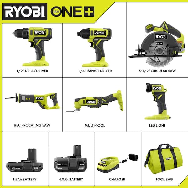 ONE+ 18V Cordless 6-Tool Combo Kit with 1.5 Ah Battery, 4.0 Ah Battery, Charger, and Drill & Impact Drive Kit (40-Piece)