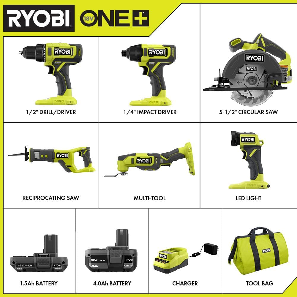 Ryobi 18V Cordless 6-Tool Combo Kit with Multiple Batteries and Charger