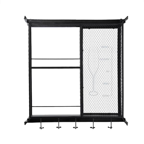 Unbranded 5 in. W x 26 in. D Black Floating Decorative Wall Shelf, Wine Bar Shelf, with Glass Holder, Display Shelves and 5-Hooks