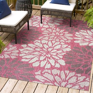 Zinnia Modern Floral Textured Weave Fuchsia/Light Gray 3 ft. x 5 ft. Indoor/Outdoor Area Rug