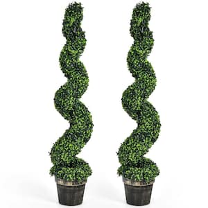 47 in. 2-Piece Green Indoor Outdoor Decorative Artificial Boxwood Spiral Tree in Pot, Faux Fake Tree Plant