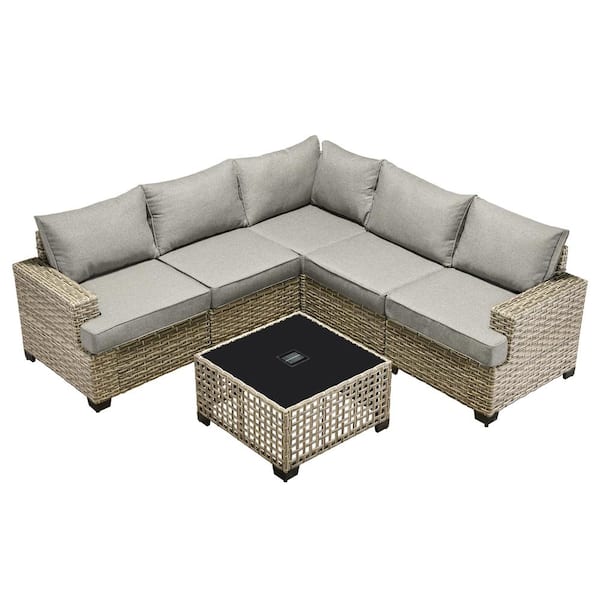 Kelleys 6-Piece Wicker Modern Outdoor Patio Conversation Sofa Sectional Set with Dark Gray Cushions