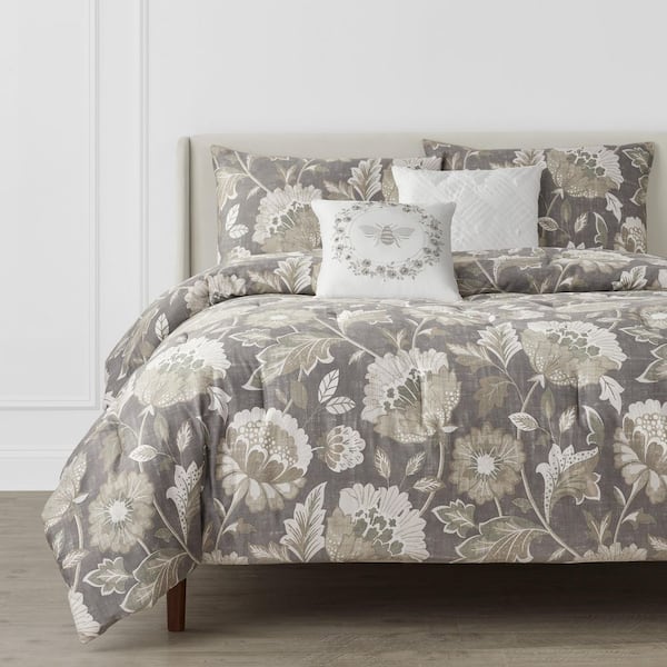 Home Decorators Collection Larkspur 5-Piece Stone Gray and Khaki Cotton Full/Queen Comforter Set