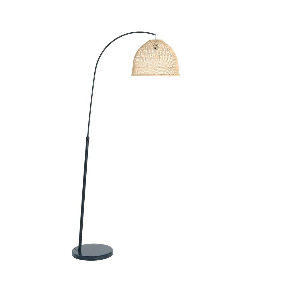 78" Black Metal Arc Floor Lamp with Marble Base and Rattan Shade
