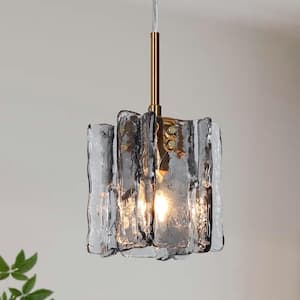 4.7 in. W Black Pendant Light 1-Light Modern Glam Brass Accent Island Mini Pendant with Square Textured Glass Shade