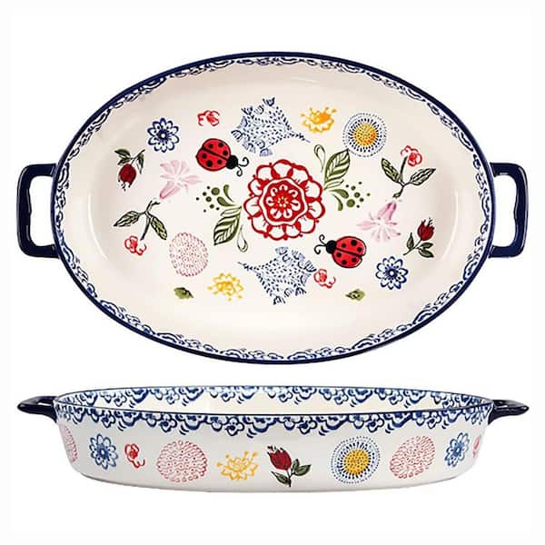 Painted Flower Butterfly Ladybug Ceramic Bakeware 1 Piece Large Oval Casserole Dish with Handles Oven Safe