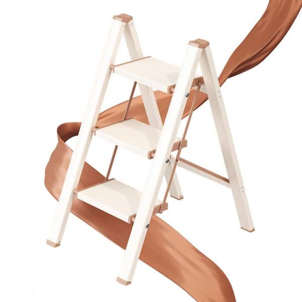 Reach 27.1 in. 3 Step 33.8 in. Capacity White Elegant Look Ladder, Aluminum Folding Step Stool with Wider Pedal