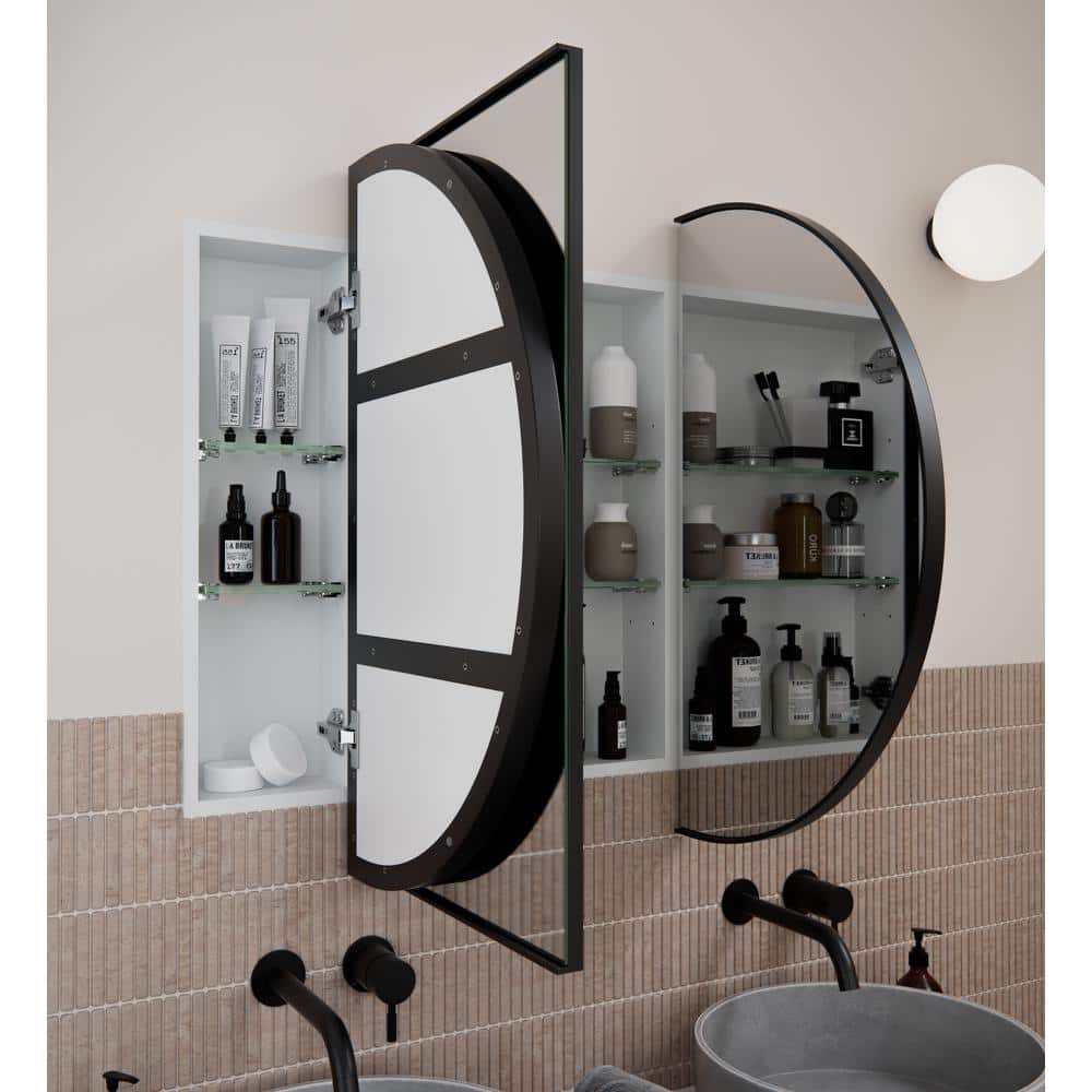 Black Framed Oval Recessed Medicine Cabinet with Mirror