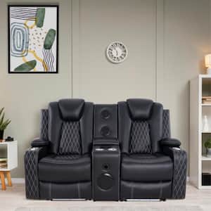 Black Air Faux Leather home theater seating with power reclines, 6 cupholders, tray, built-in speaker, and USB ports