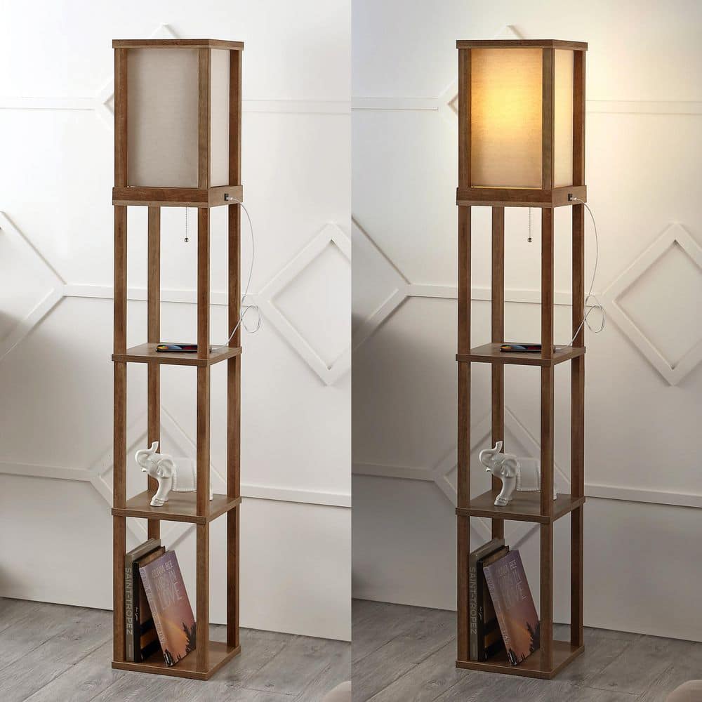 63.5" Beige Wooden 3-Shelf Floor Lamp with USB Port