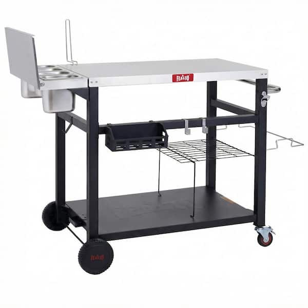 Movable Outdoor Grill Cart, Stainless Steel Pizza Oven Table in Black