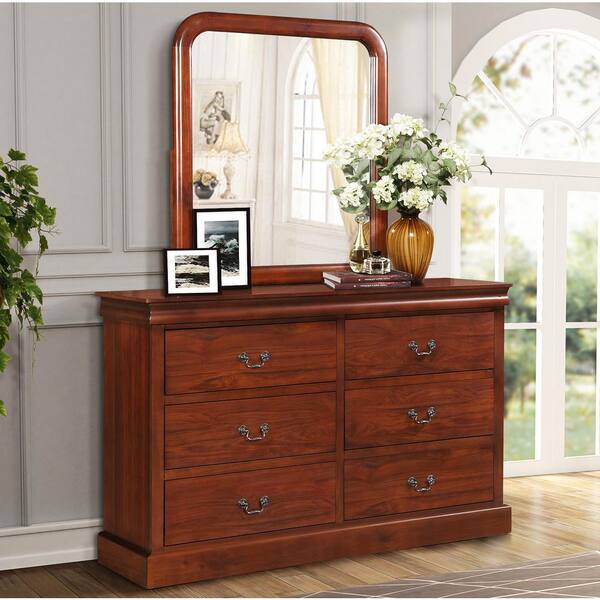Boyel Living 56 In L X 15 7 W 73 H Oak With Mirror Bedroom Dresser 6 Drawers Of Sg000114aaa The Home Depot H Oak With Mirror Bedroom Dresser