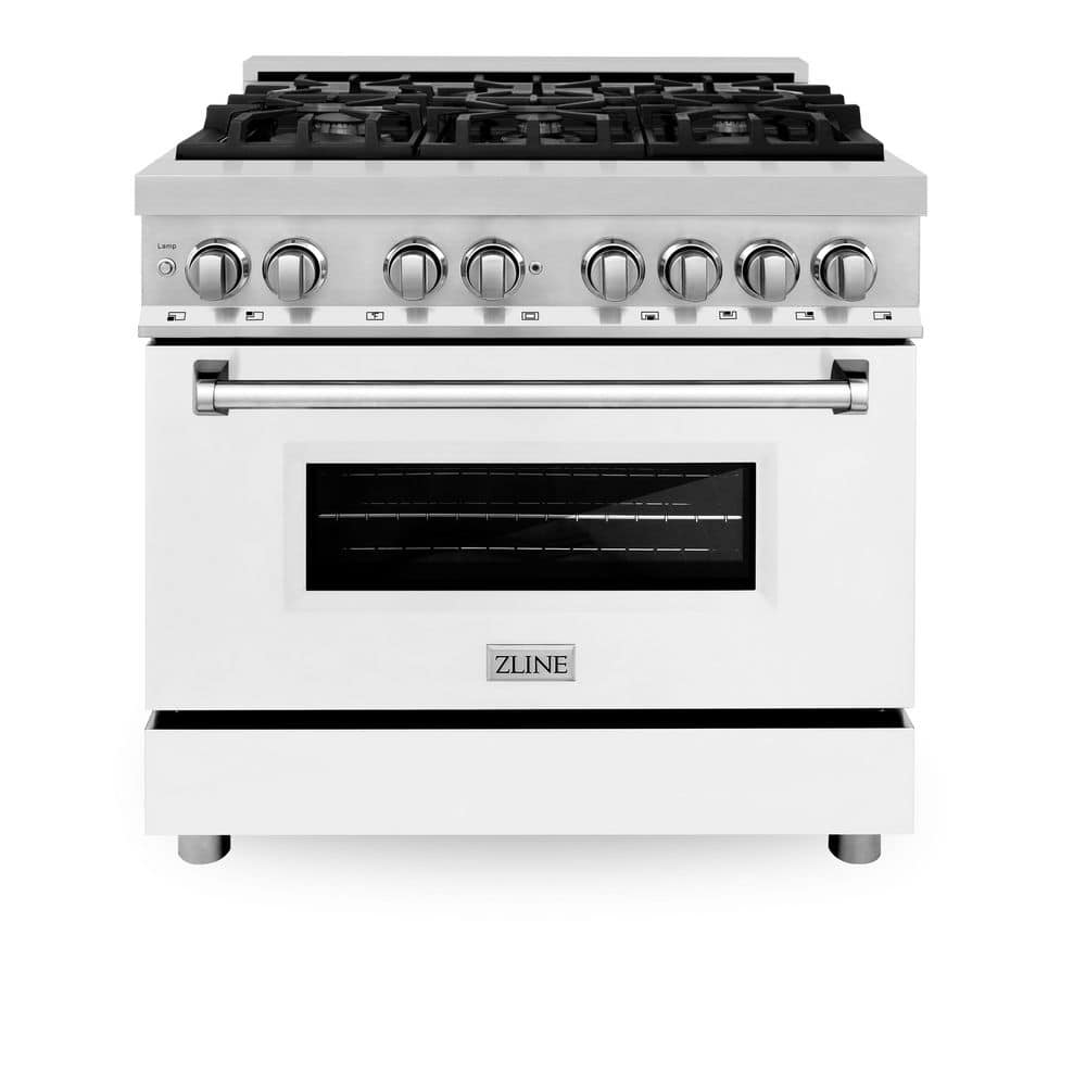 ZLINE Kitchen and Bath 36 in. 6 Burner Dual Fuel Range with White Matte Door in Stainless Steel